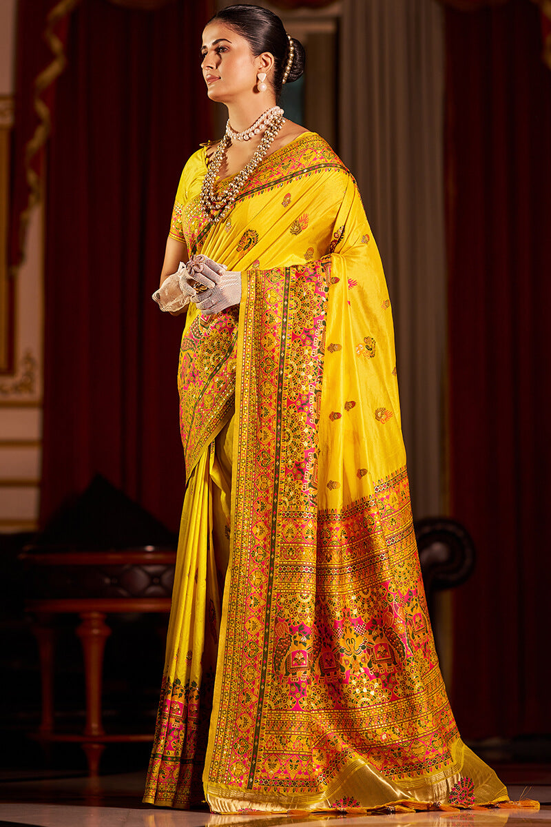 Exceptional Yellow Pashmina Saree With Pleasurable Blouse Piece