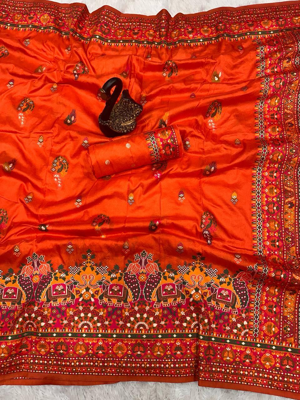 Attractive Orange Pashmina Saree With Sumptuous Blouse Piece