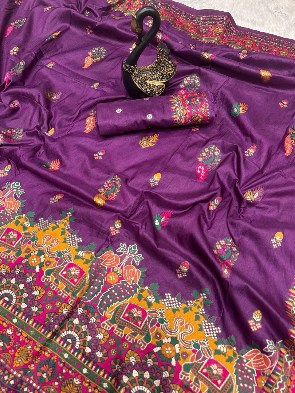 Entrancing Purple Pashmina Saree With Beleaguer Blouse Piece