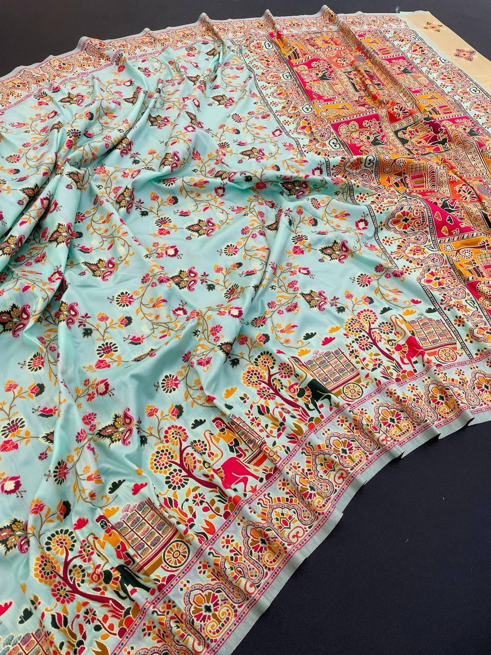 Comely Sky Pashmina Saree With Blooming Blouse Piece