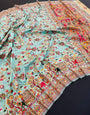 Comely Sky Pashmina Saree With Blooming Blouse Piece
