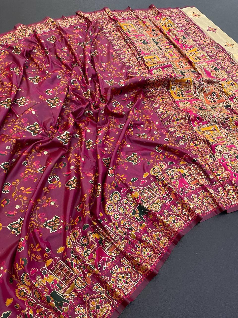 Luminous Wine Pashmina Saree With Winsome Blouse Piece