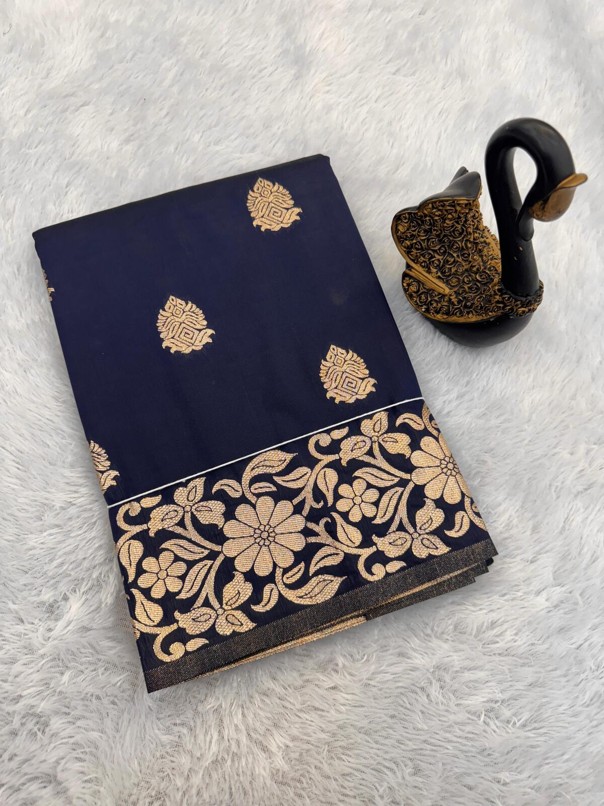 Mesmerising Navy Blue Soft Banarasi Silk Saree With Flaunt Blouse Piece