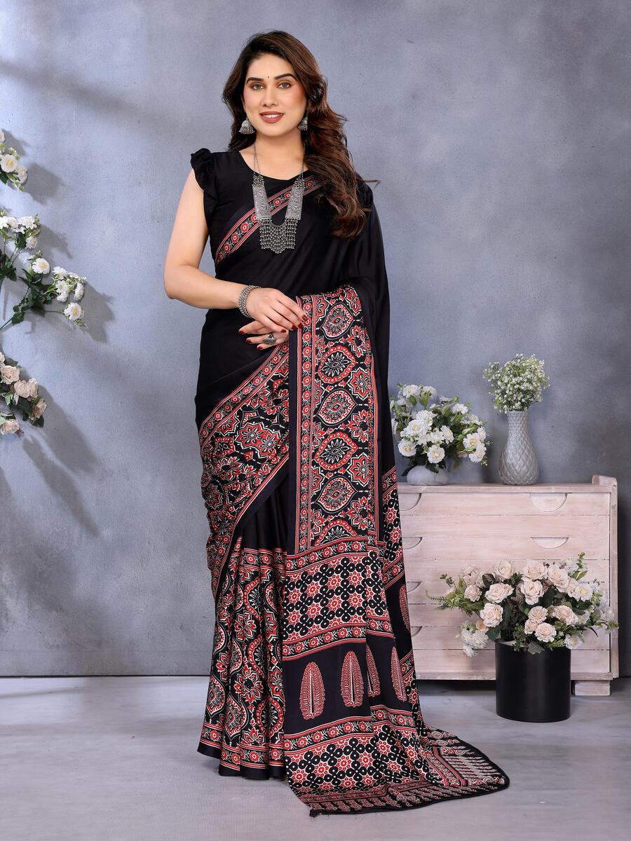 Supernal Black Ajrak Printed Soft Silk Saree With Piquant Blouse Piece