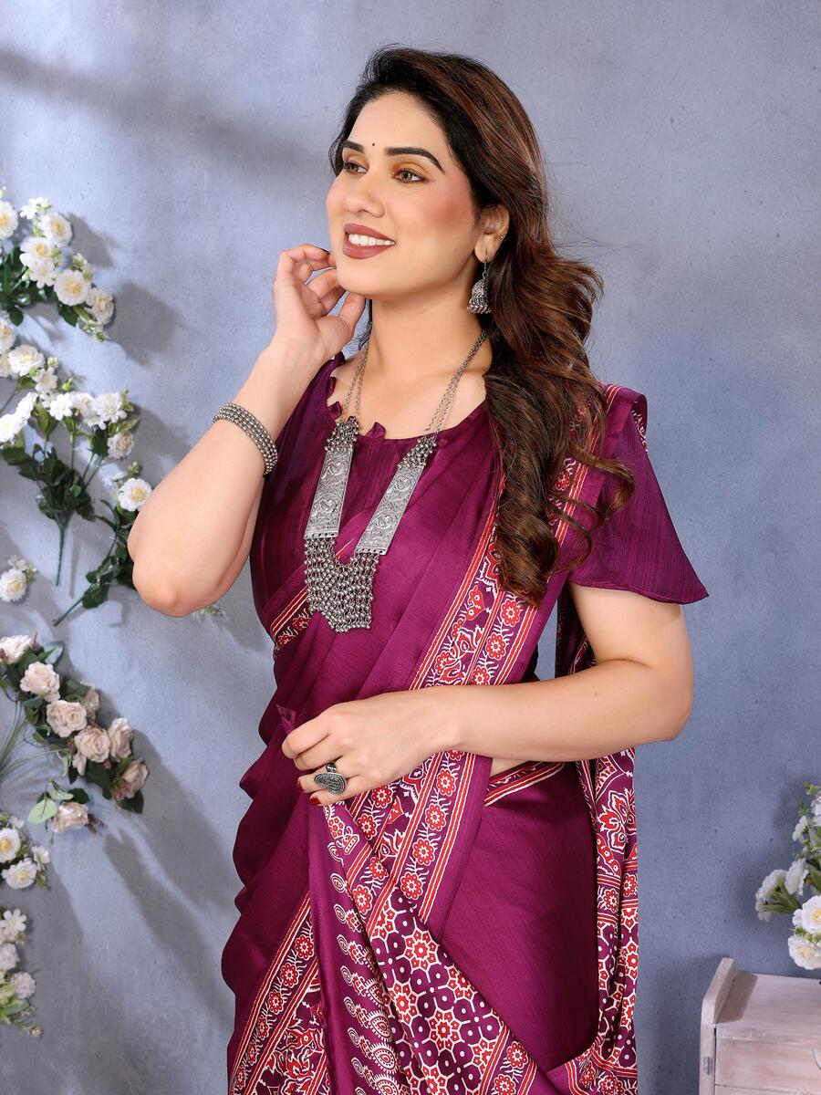 Pleasurable Purple Ajrak Printed Soft Silk Saree With Fragrant Blouse Piece