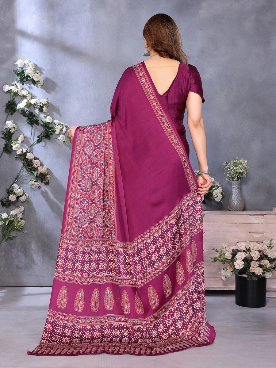 Pleasurable Purple Ajrak Printed Soft Silk Saree With Fragrant Blouse Piece