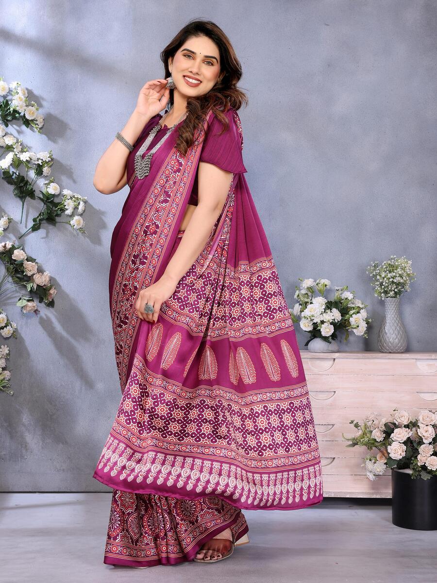 Pleasurable Purple Ajrak Printed Soft Silk Saree With Fragrant Blouse Piece