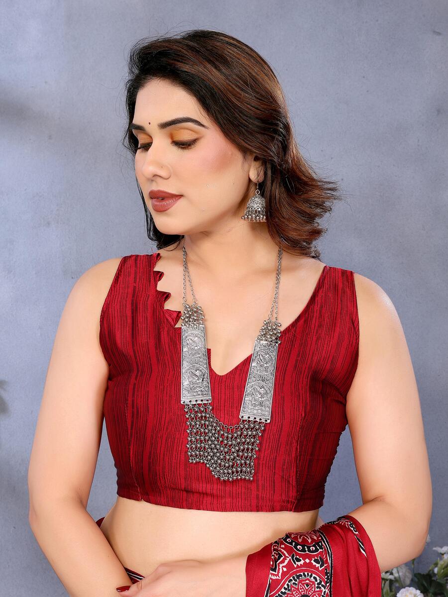 Girlish Red Ajrak Printed Soft Silk Saree With Ephemeral Blouse Piece
