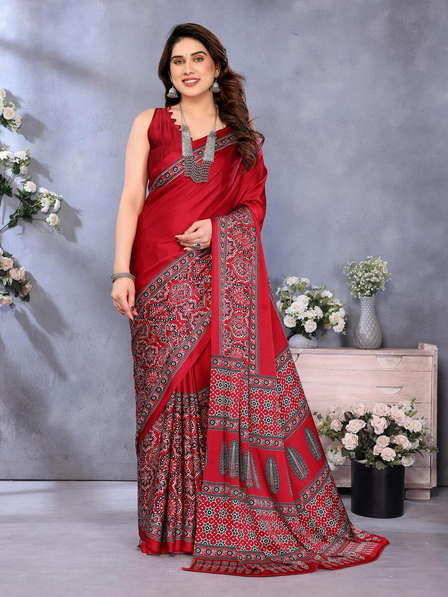 Girlish Red Ajrak Printed Soft Silk Saree With Ephemeral Blouse Piece