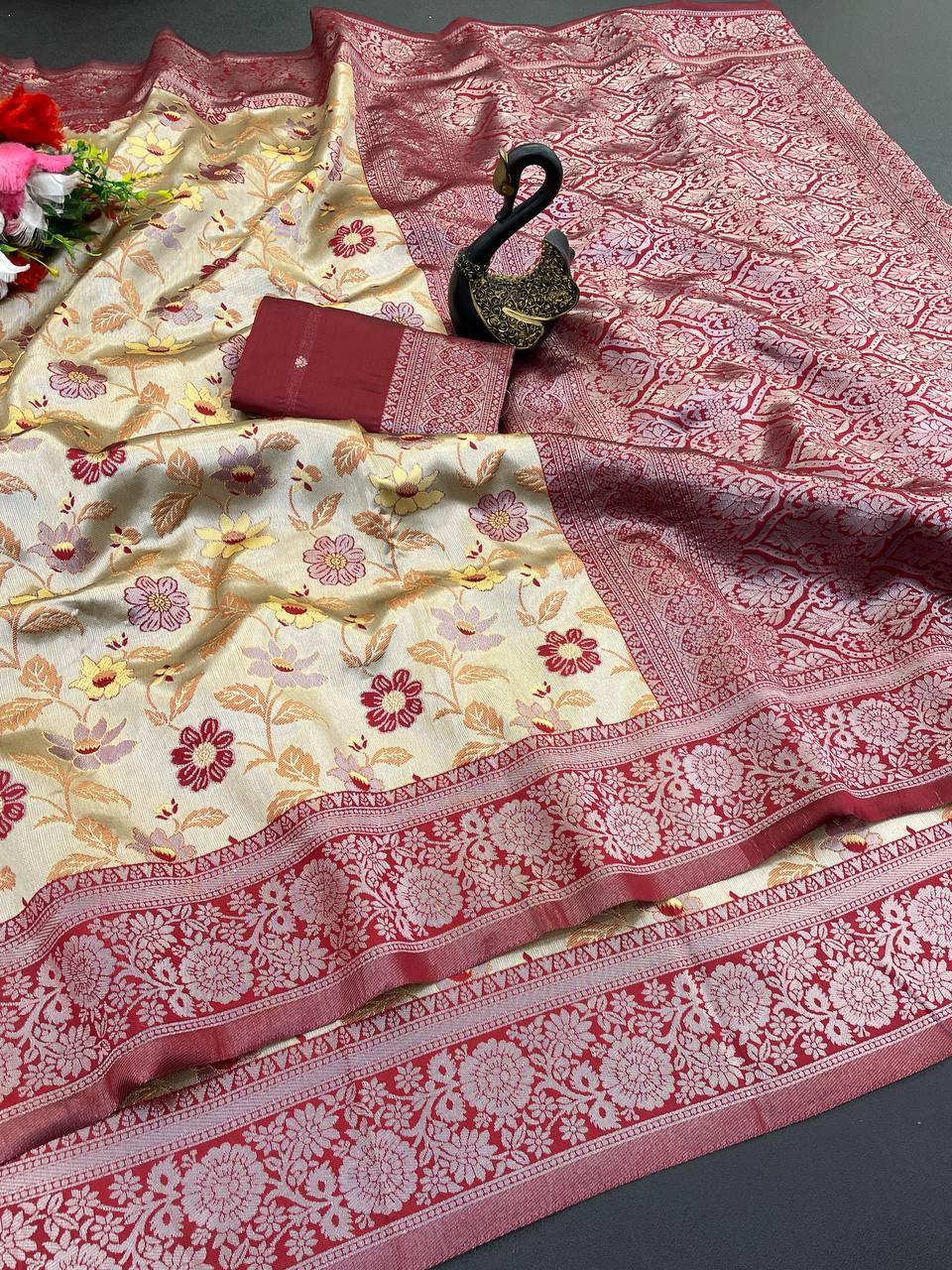 Fantabulous Beige Soft Banarasi Tissue Silk Saree With Scrumptious Blouse Piece