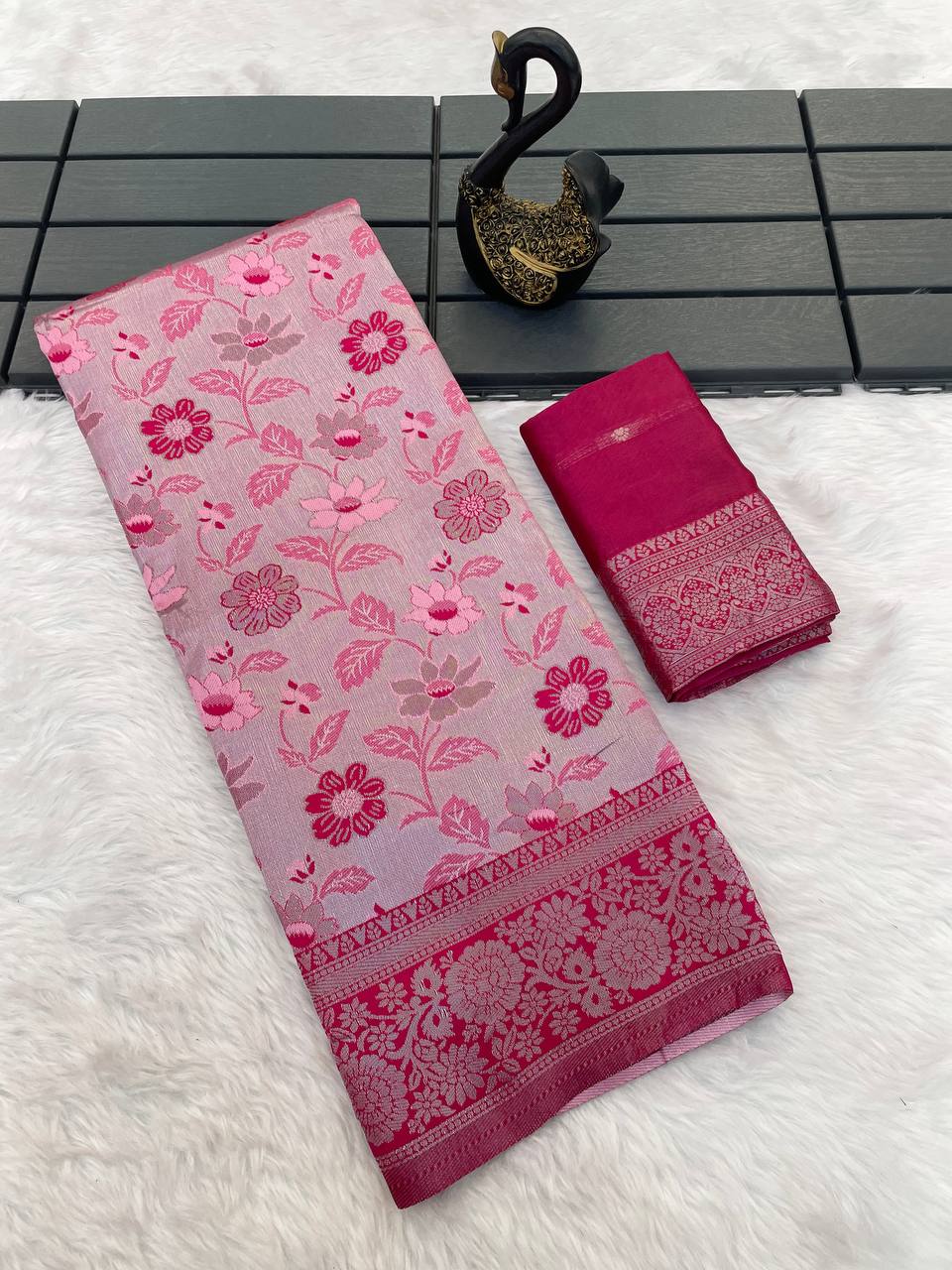 Redolent Pink Soft Banarasi Tissue Silk Saree With Engaging Blouse Piece