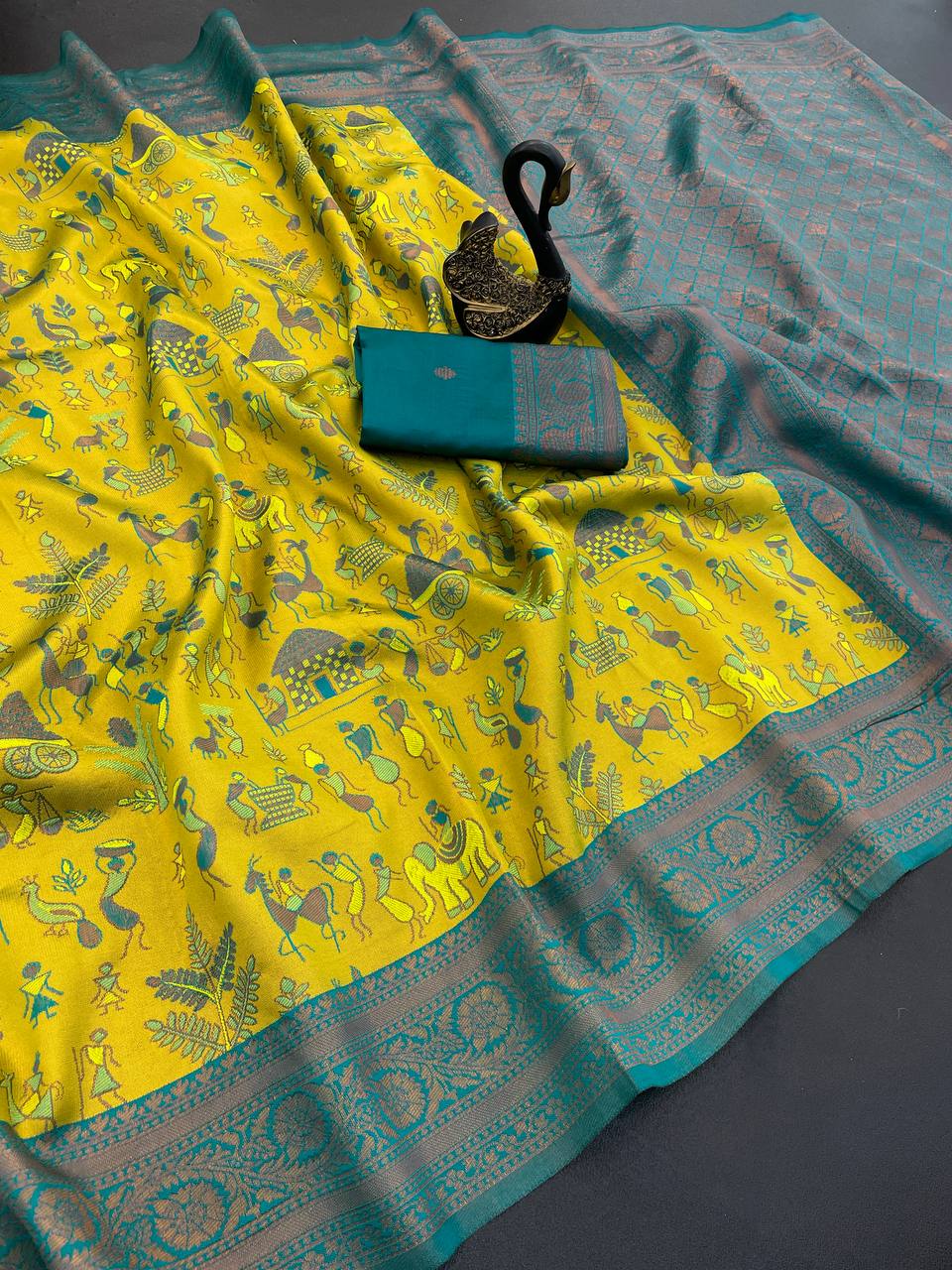 Staggering Yellow Soft Banarasi Tissue Silk Saree With Classy Blouse Piece