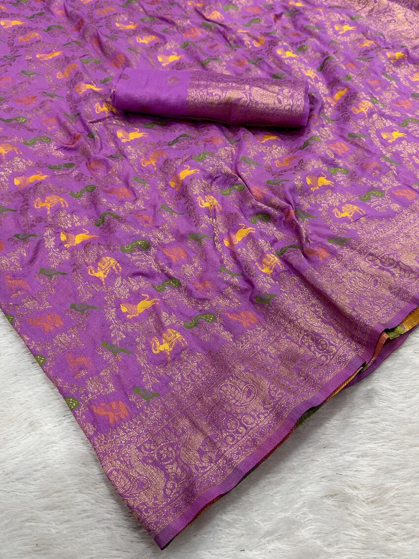 Lissome Lavender Soft Banarasi Silk Saree With Prominent Blouse Piece