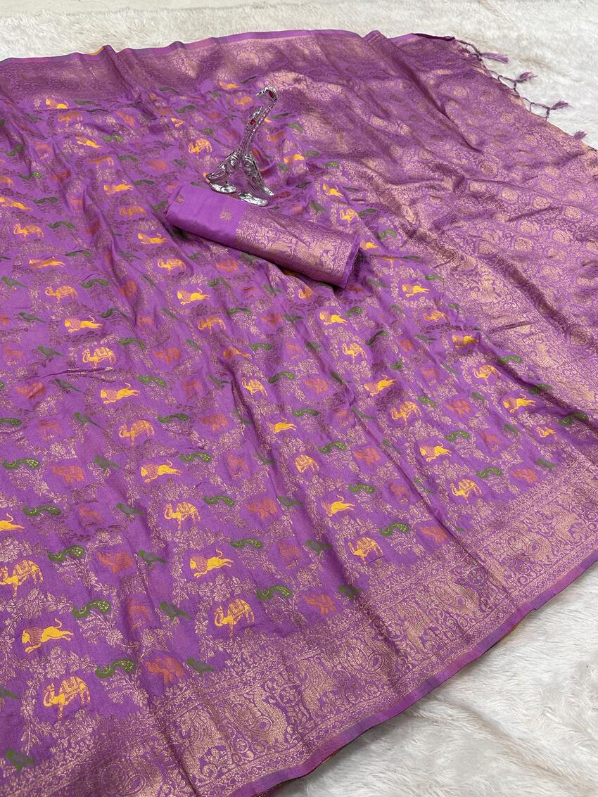 Lissome Lavender Soft Banarasi Silk Saree With Prominent Blouse Piece
