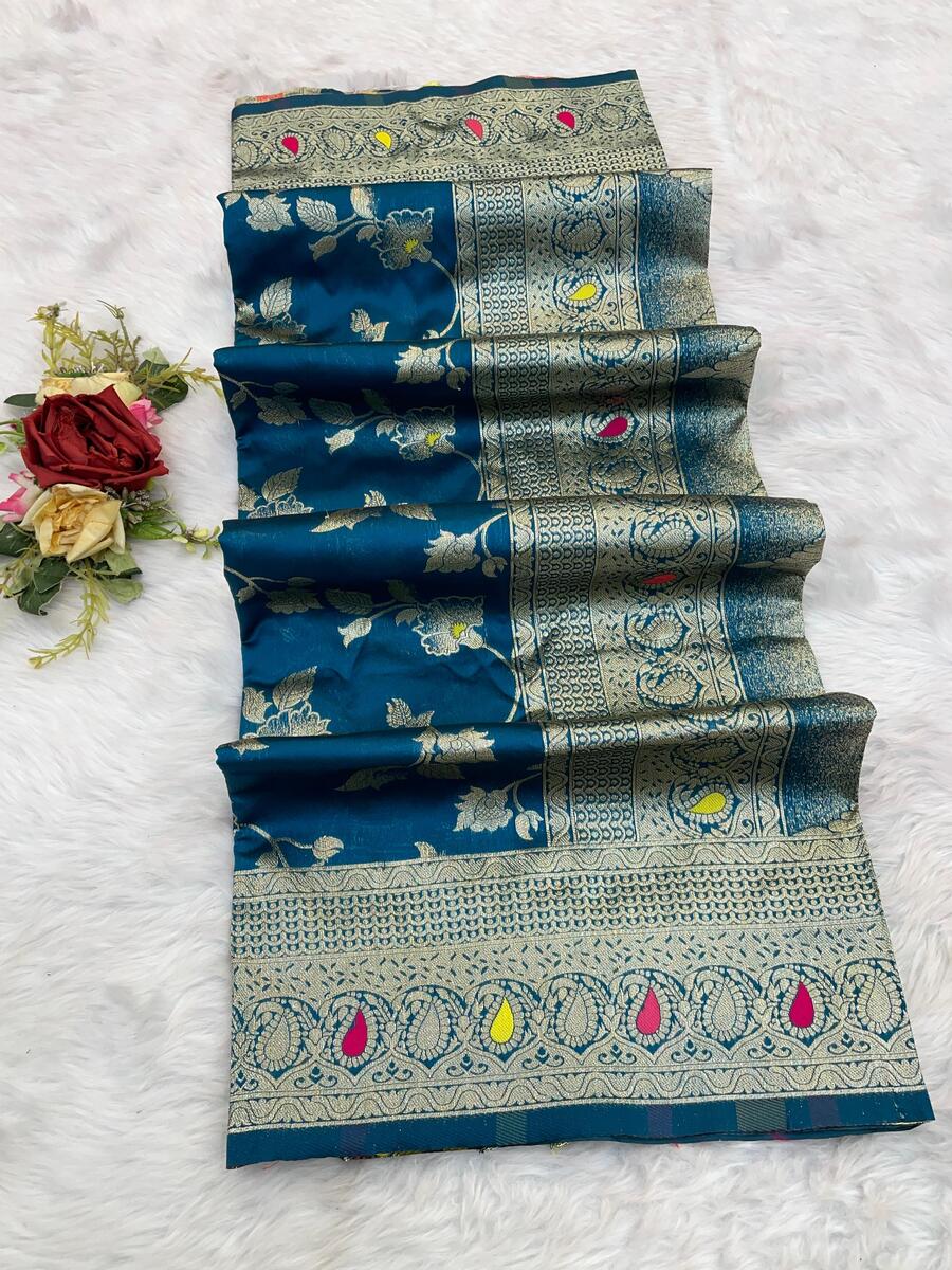 Snazzy Blue Soft Banarasi Silk Saree With Dazzling Blouse Piece