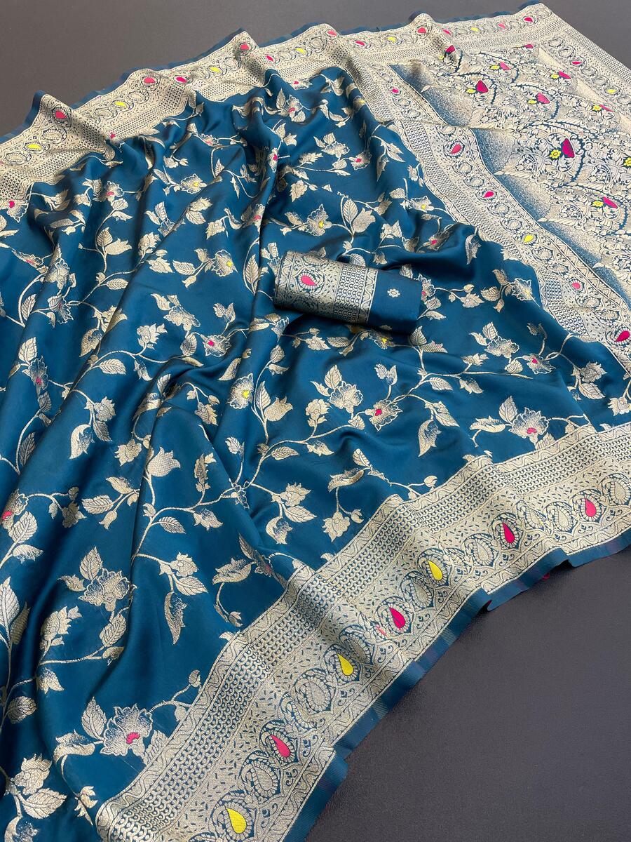 Snazzy Blue Soft Banarasi Silk Saree With Dazzling Blouse Piece
