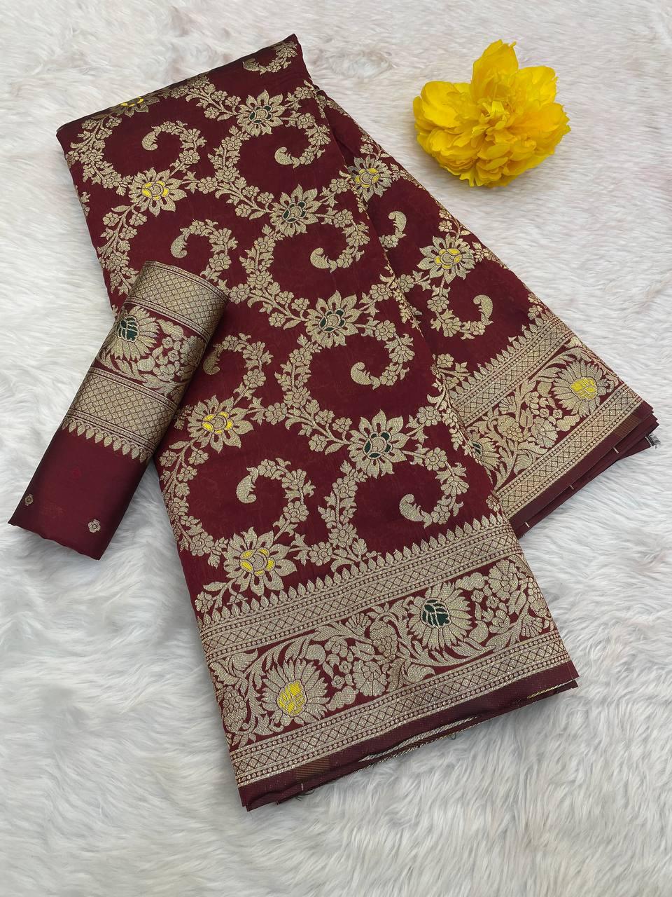 Serendipity Maroon Soft Banarasi Silk Saree With Imbrication Blouse Piece