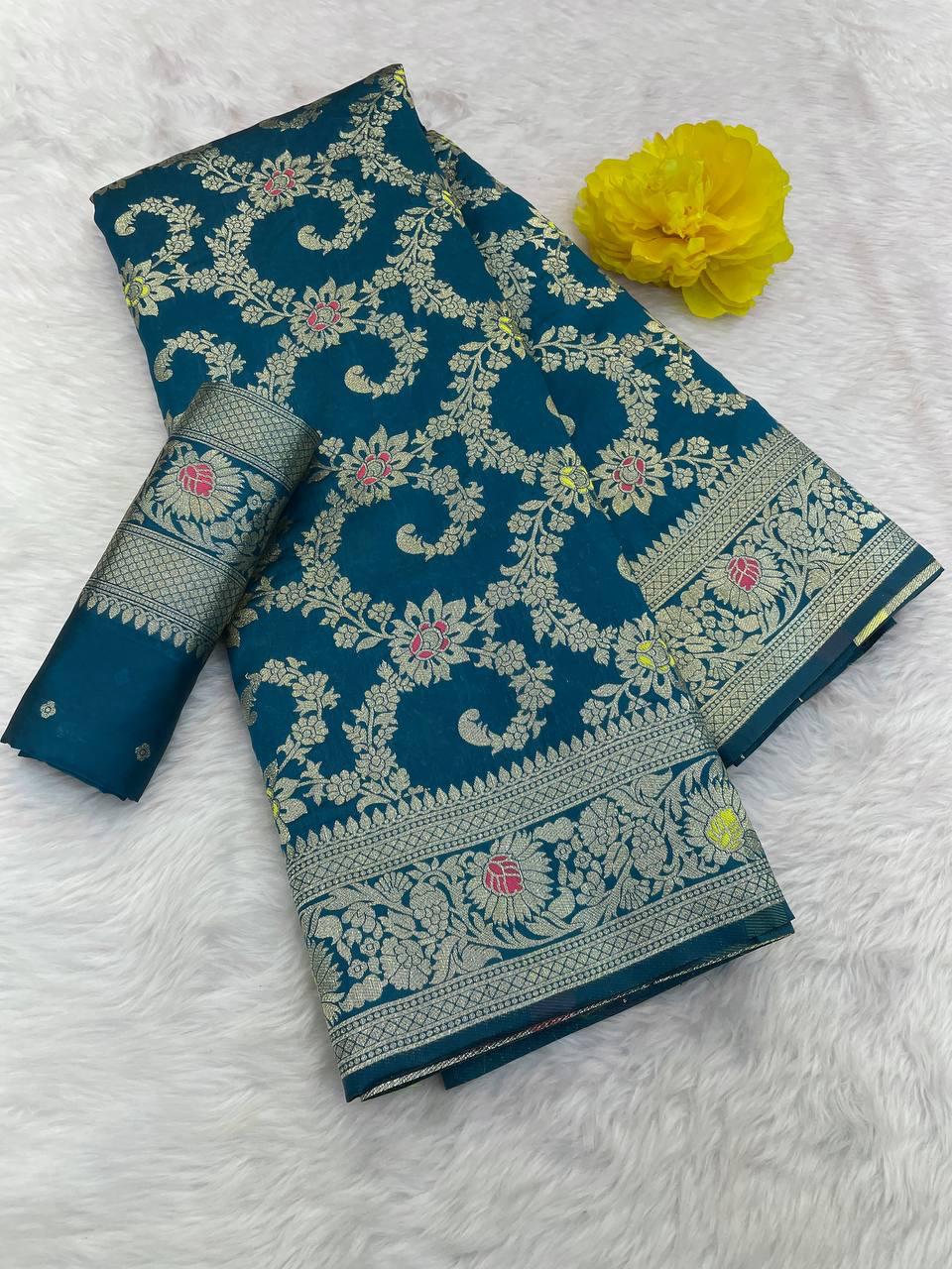 Enigmatic Rama Soft Banarasi Silk Saree With Adorable Blouse Piece