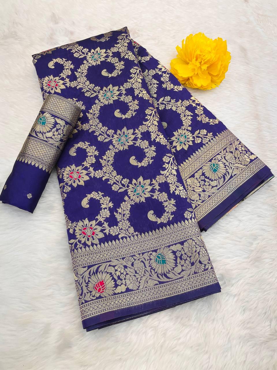 Winsome Royal Blue Soft Banarasi Silk Saree With Adorning Blouse Piece