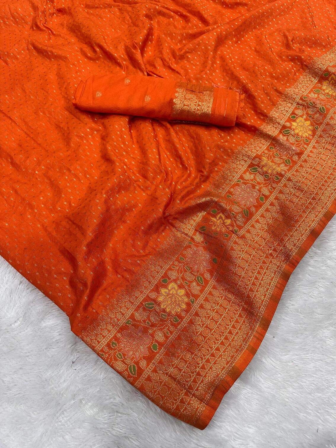 Beautiful Orange Soft Banarasi Silk Saree With Snazzy Blouse Piece