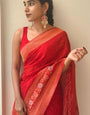Beautiful Red Soft Banarasi Silk Saree With Snazzy Blouse Piece