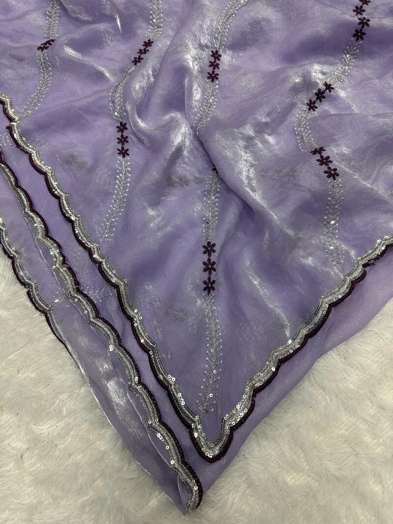Stylish Lavender Sequence Work Fandy Silk Saree With Elegant Blouse Piece