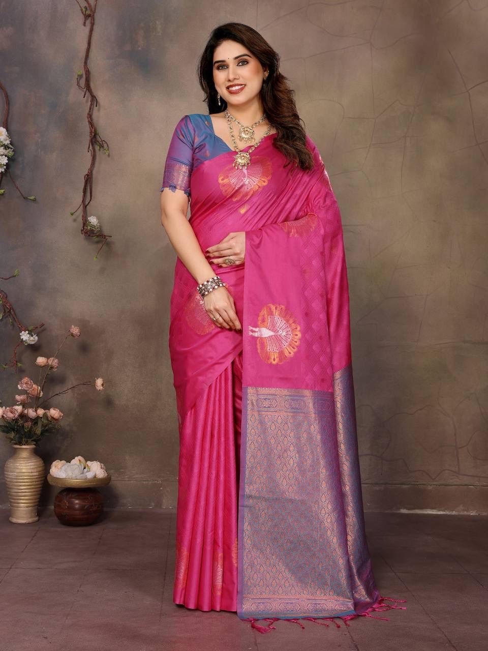 Mesmerising Dark Pink Soft Banarasi Silk Saree With Adorable Blouse Piece