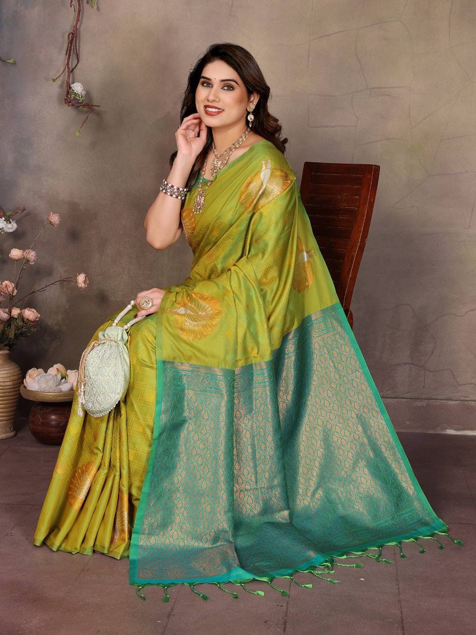 Engrossing Green Soft Banarasi Silk Saree With Gossamer Blouse Piece