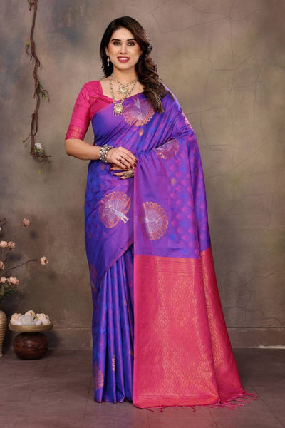 Classic Purple Soft Banarasi Silk Saree With Eclat Blouse Piece