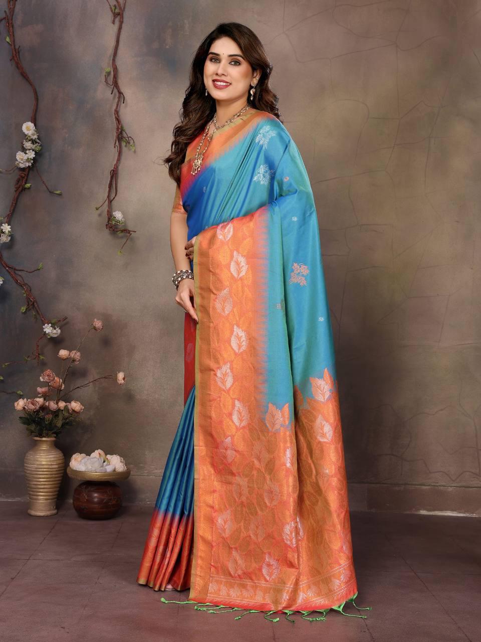Engaging Firozi Soft Banarasi Silk Saree With Exuberant Blouse Piece