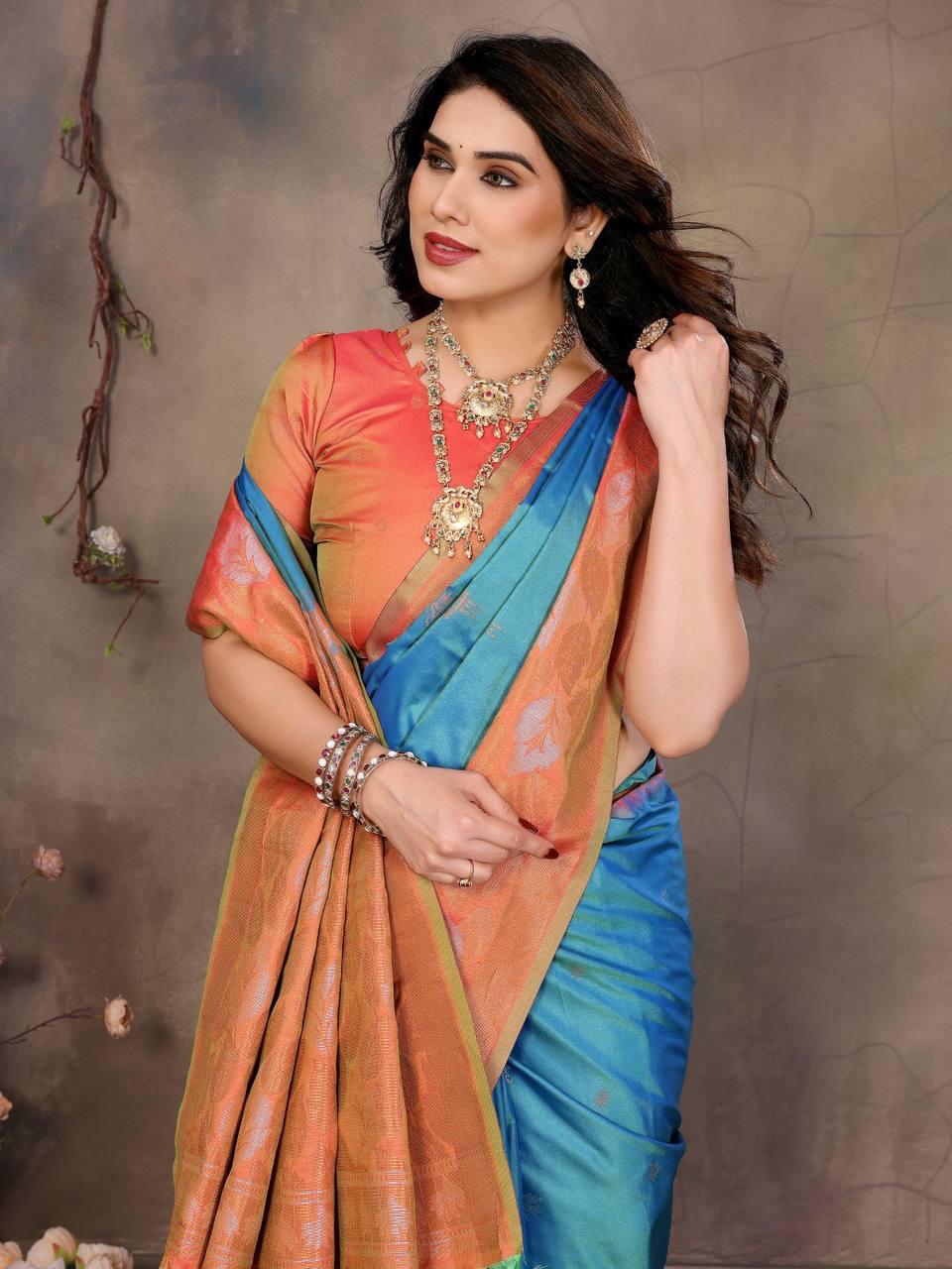 Engaging Firozi Soft Banarasi Silk Saree With Exuberant Blouse Piece