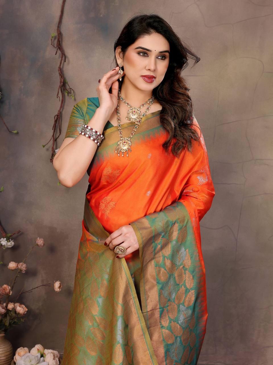 Gratifying Orange Soft Banarasi Silk Saree With Improbable Blouse Piece