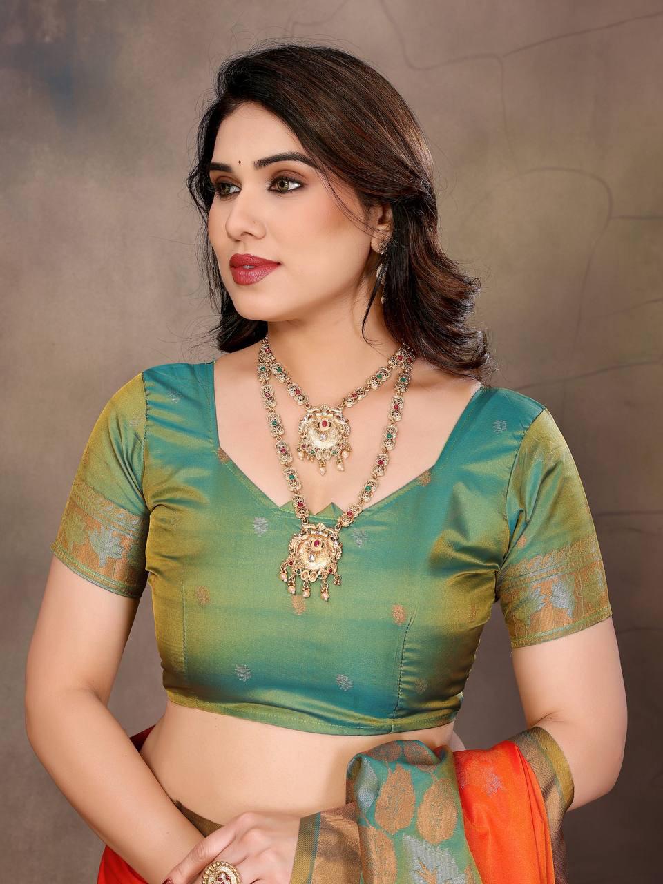 Gratifying Orange Soft Banarasi Silk Saree With Improbable Blouse Piece