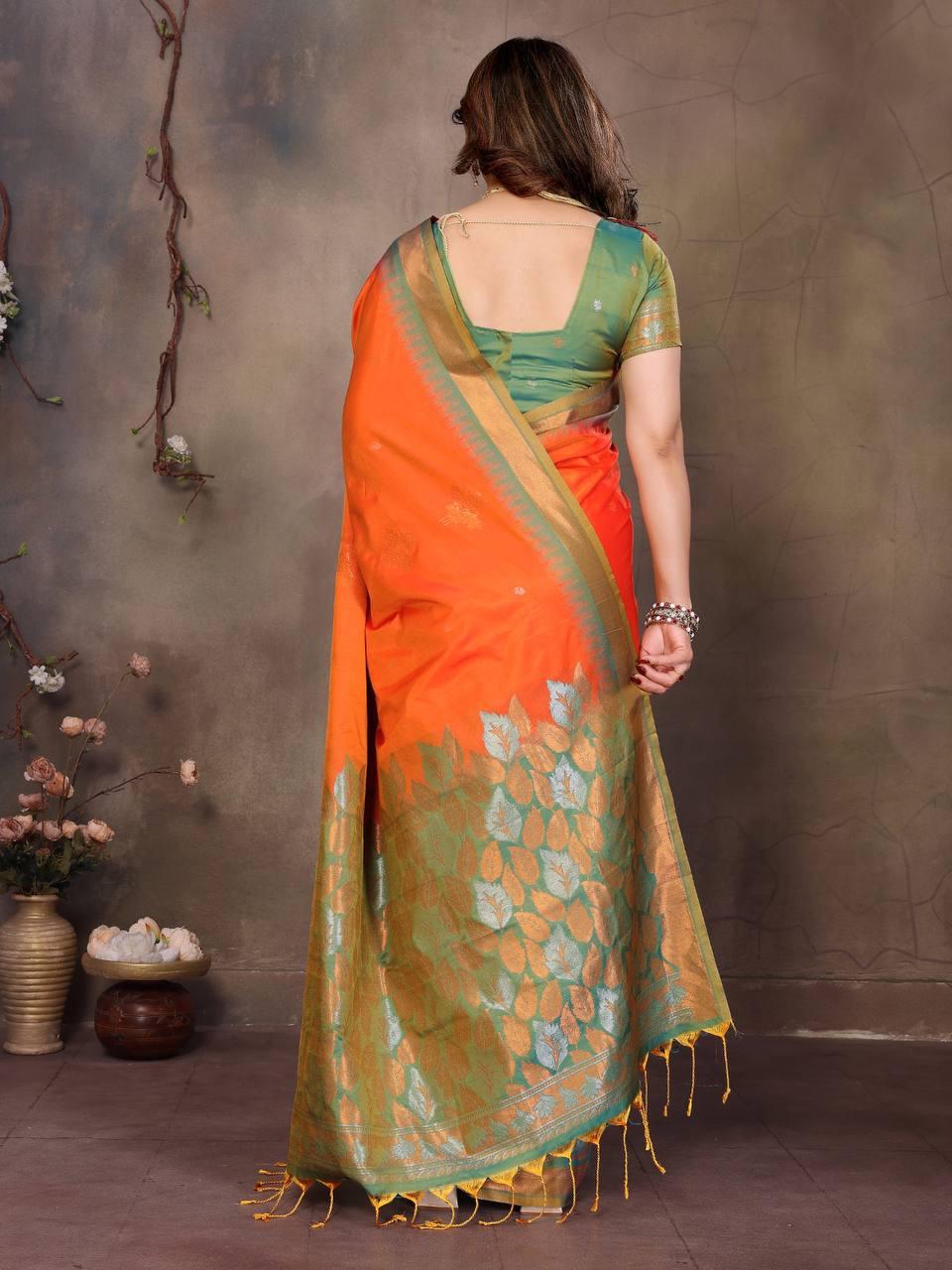 Gratifying Orange Soft Banarasi Silk Saree With Improbable Blouse Piece