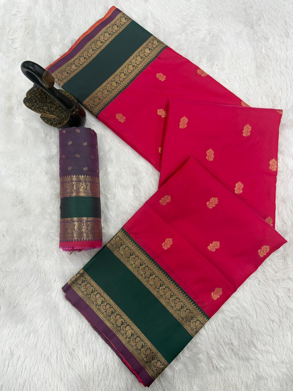 Captivating Dark Pink Soft Banarasi Kathpadar Silk Saree With Magnetic Blouse Piece