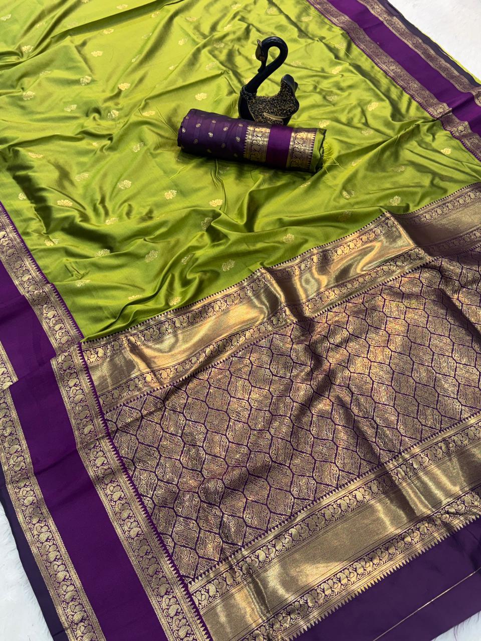 Quixotic Mehndi Soft Banarasi Kathpadar Silk Saree With Seraphic Blouse Piece