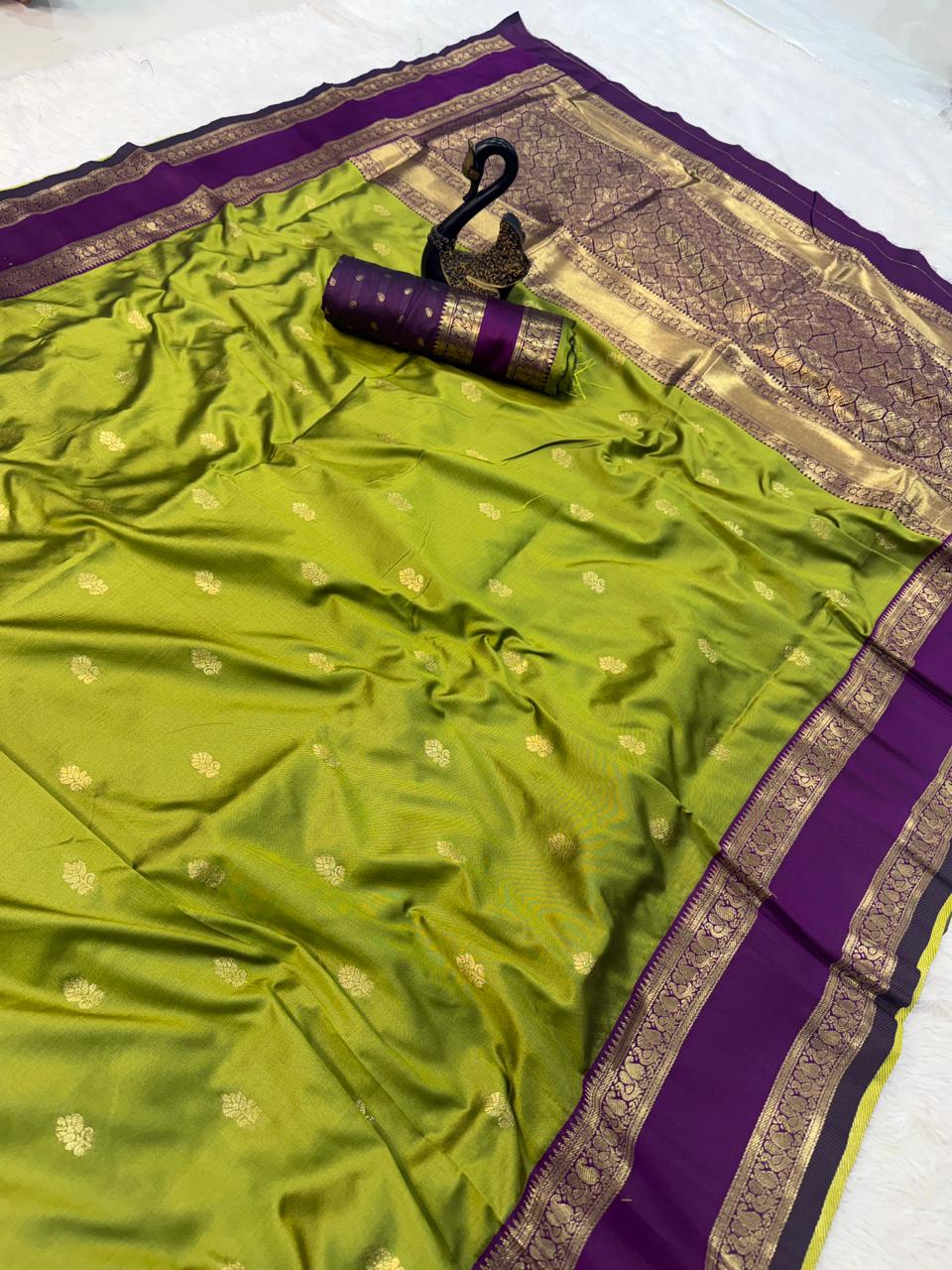 Quixotic Mehndi Soft Banarasi Kathpadar Silk Saree With Seraphic Blouse Piece