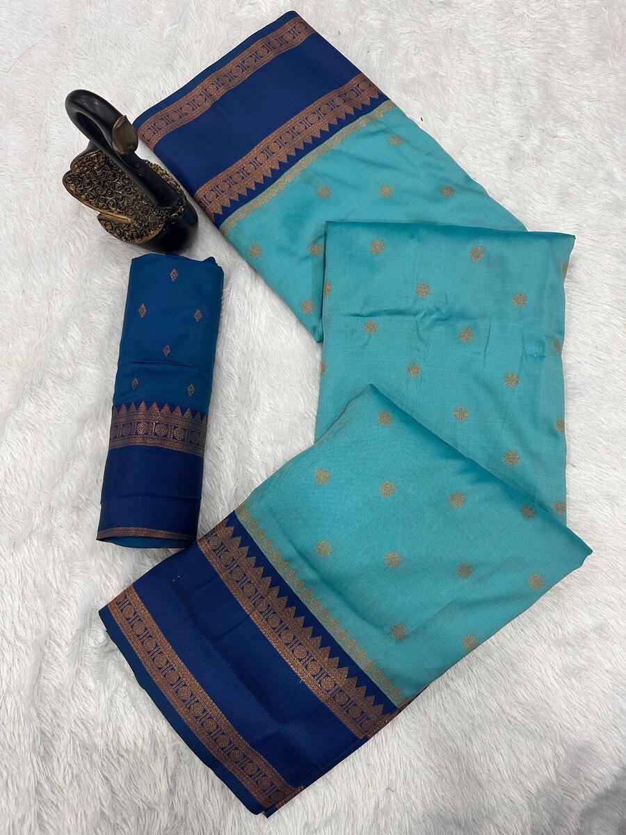 Fancifull Firozi Soft Banarasi Silk Saree With Sonorous Blouse Piece
