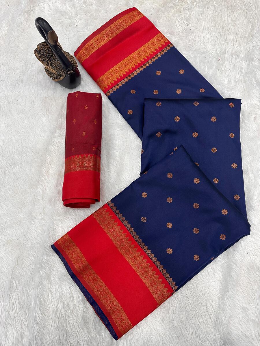Radiant Navy Blue Soft Banarasi Silk Saree With Fugacious Blouse Piece