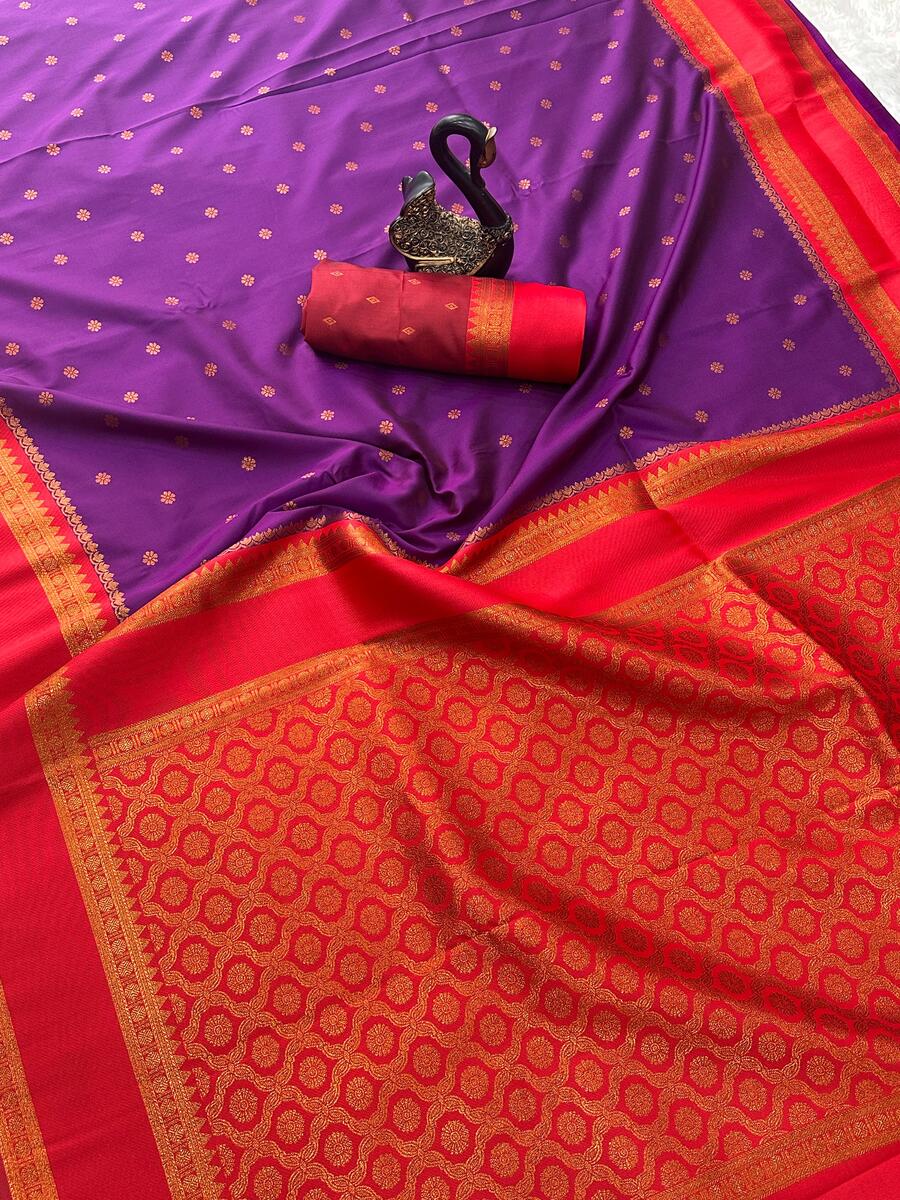 Traditional Purple Soft Banarasi Silk Saree With Assemblage Blouse Piece