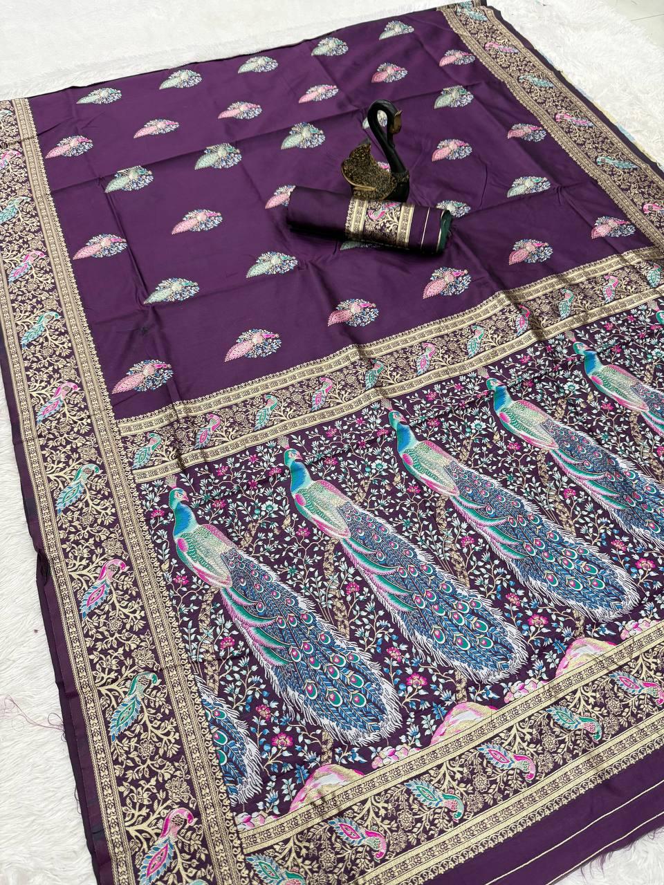 Opulent Purple Soft Banarasi Silk Saree With Ephemeral Blouse Piece