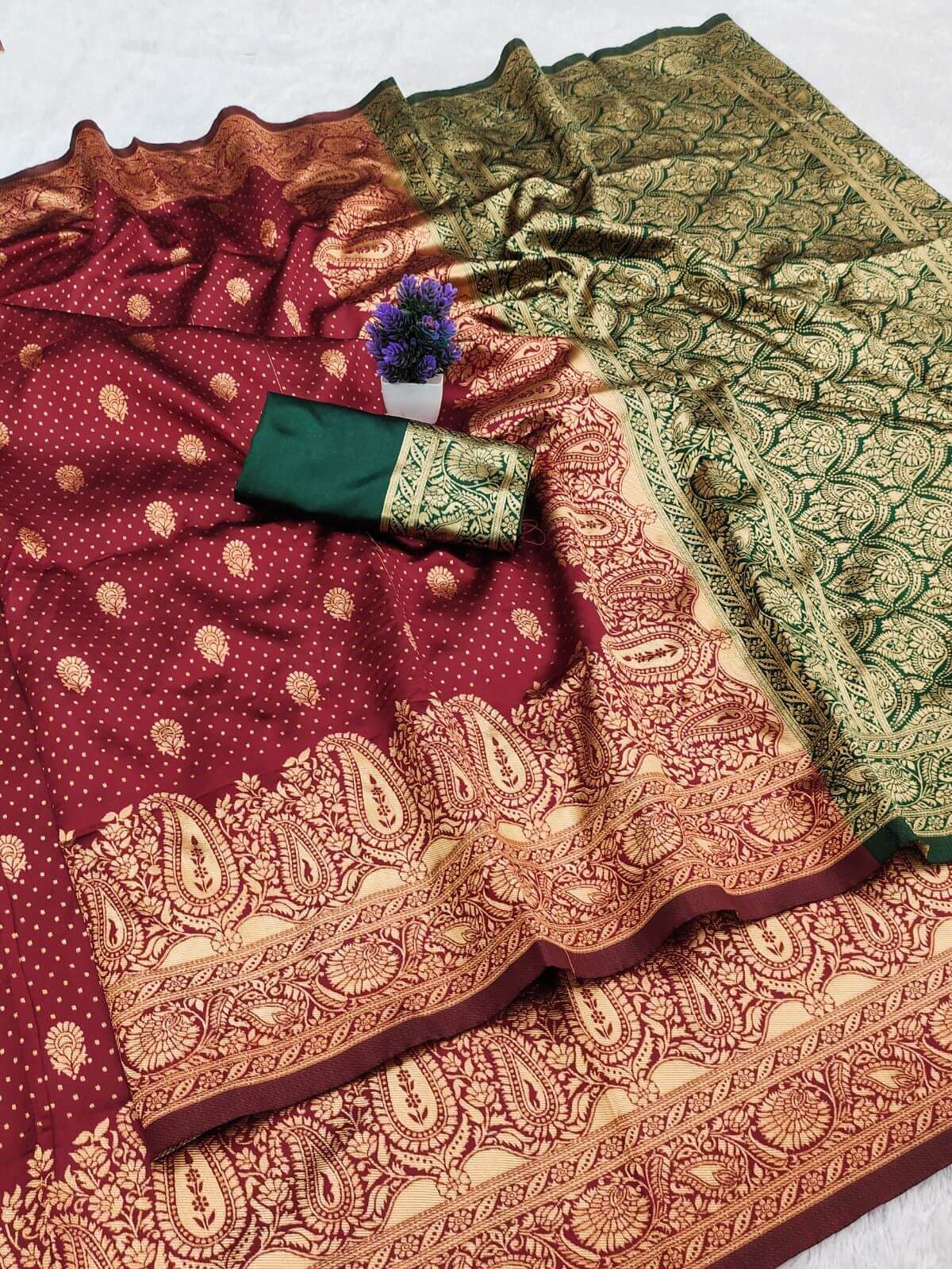 Winsome Maroon Soft Silk Saree With Gossamer Blouse Piece
