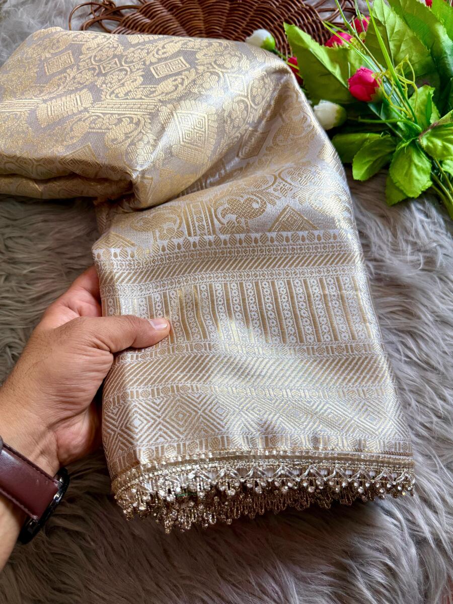 Fancifull Beige Soft Tissue Silk Saree With Classy Blouse Piece