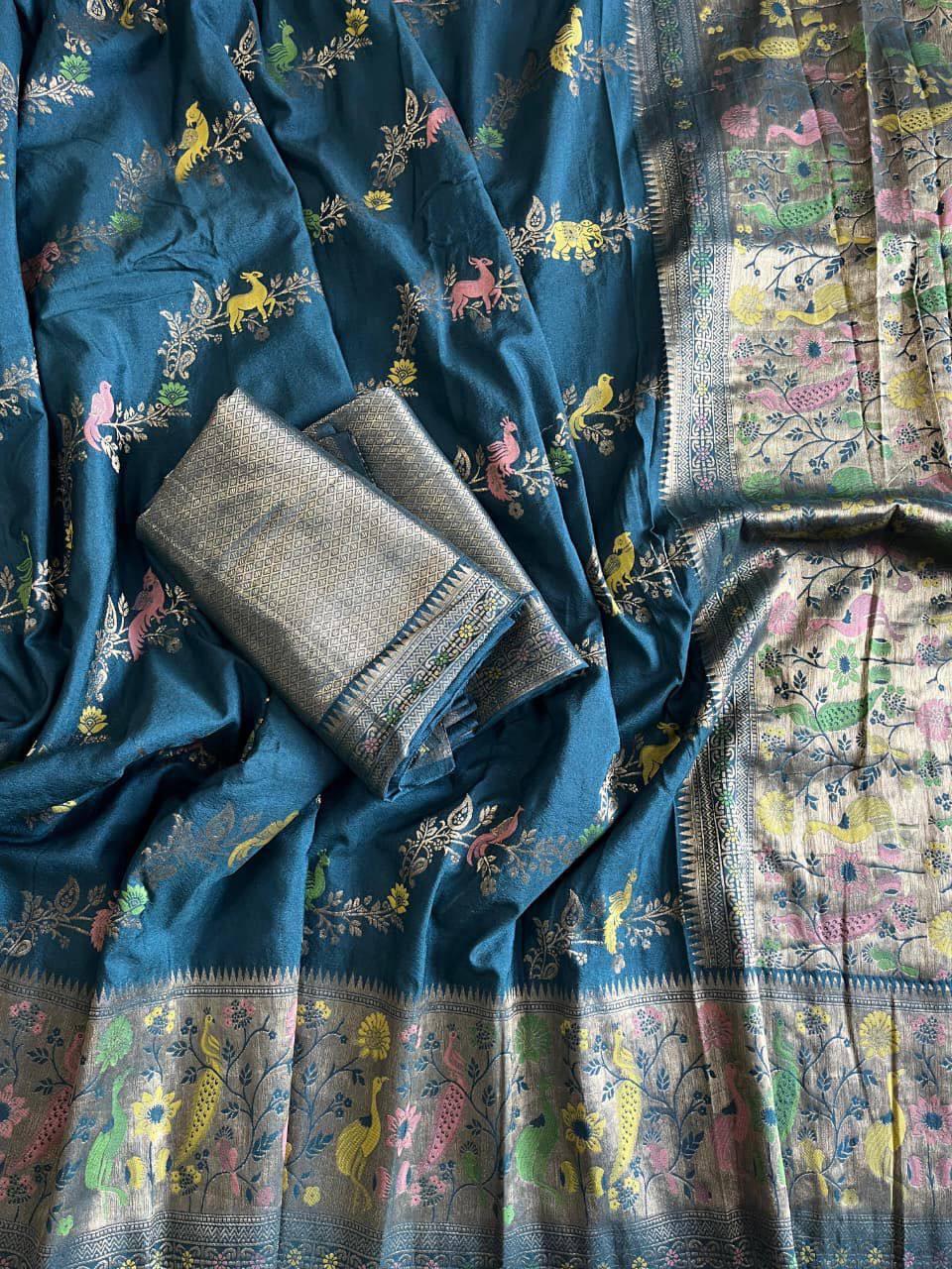 Sonorous Rama Soft Banarasi Silk Saree With Supernal Blouse Piece