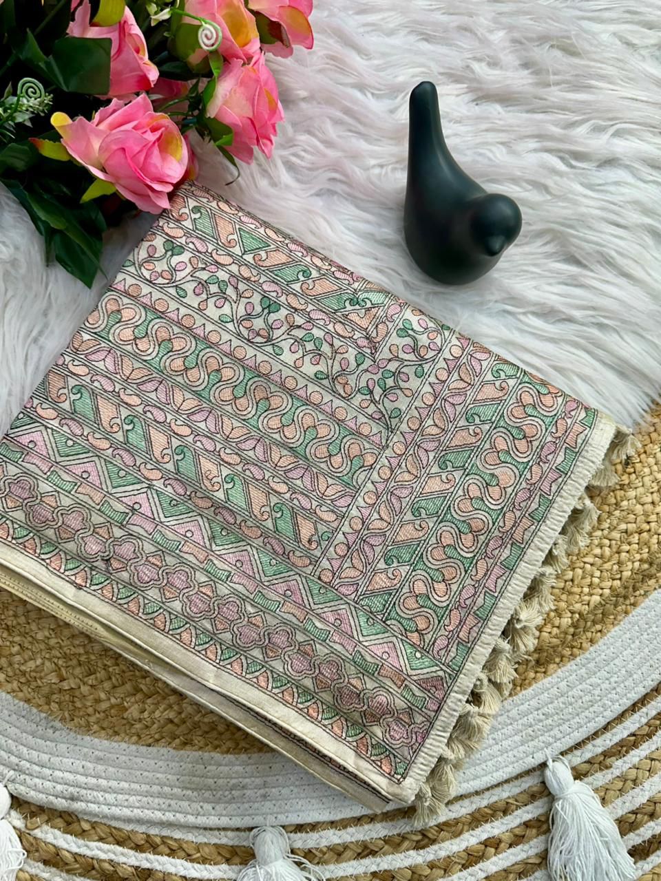 Prodigal Beige Embroidery Work Tussar Silk Saree With Blooming Blouse Piece