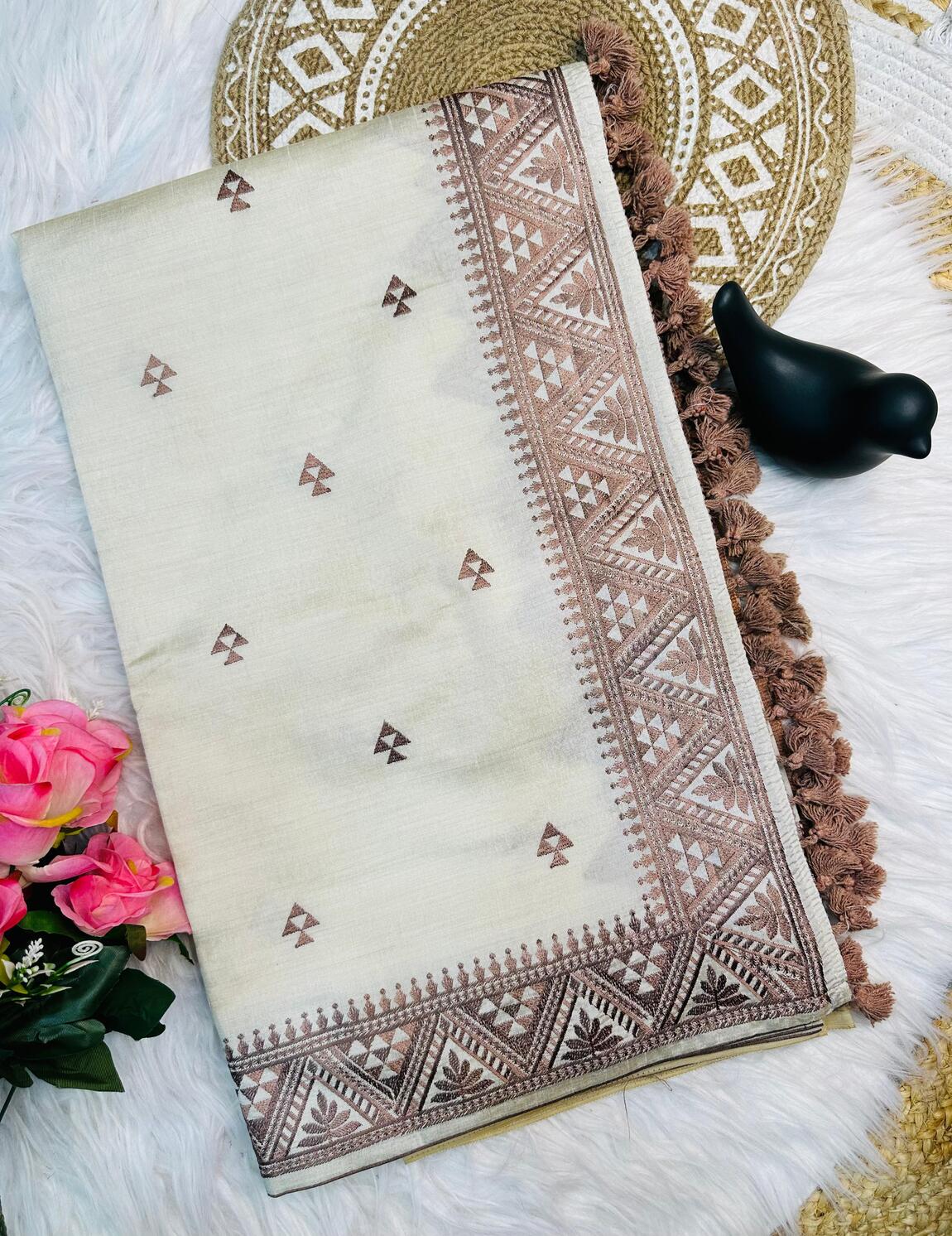 Lovely Off White Embroidery Work Tussar Silk Saree With Demanding Blouse Piece