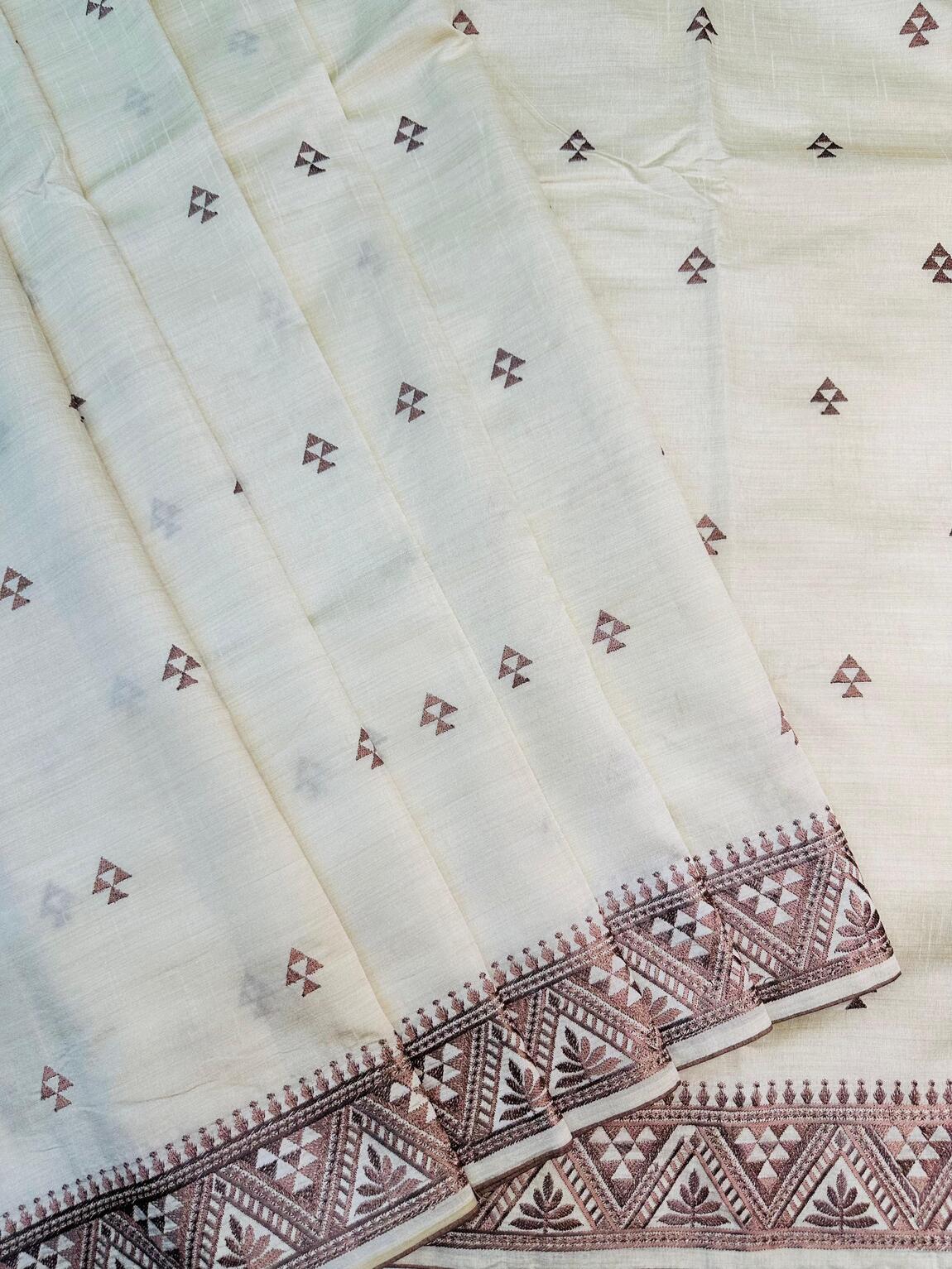 Lovely Off White Embroidery Work Tussar Silk Saree With Demanding Blouse Piece