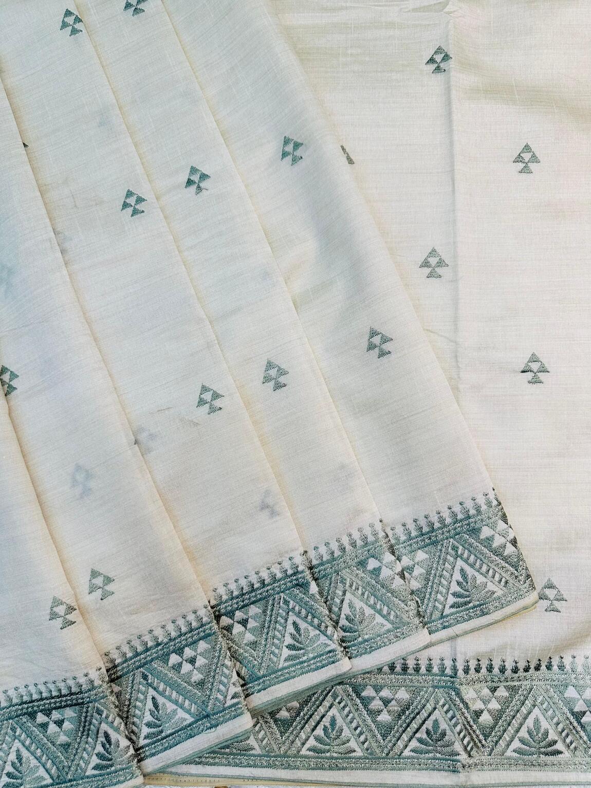 Stunner Off White Embroidery Work Tussar Silk Saree With Elision Blouse Piece