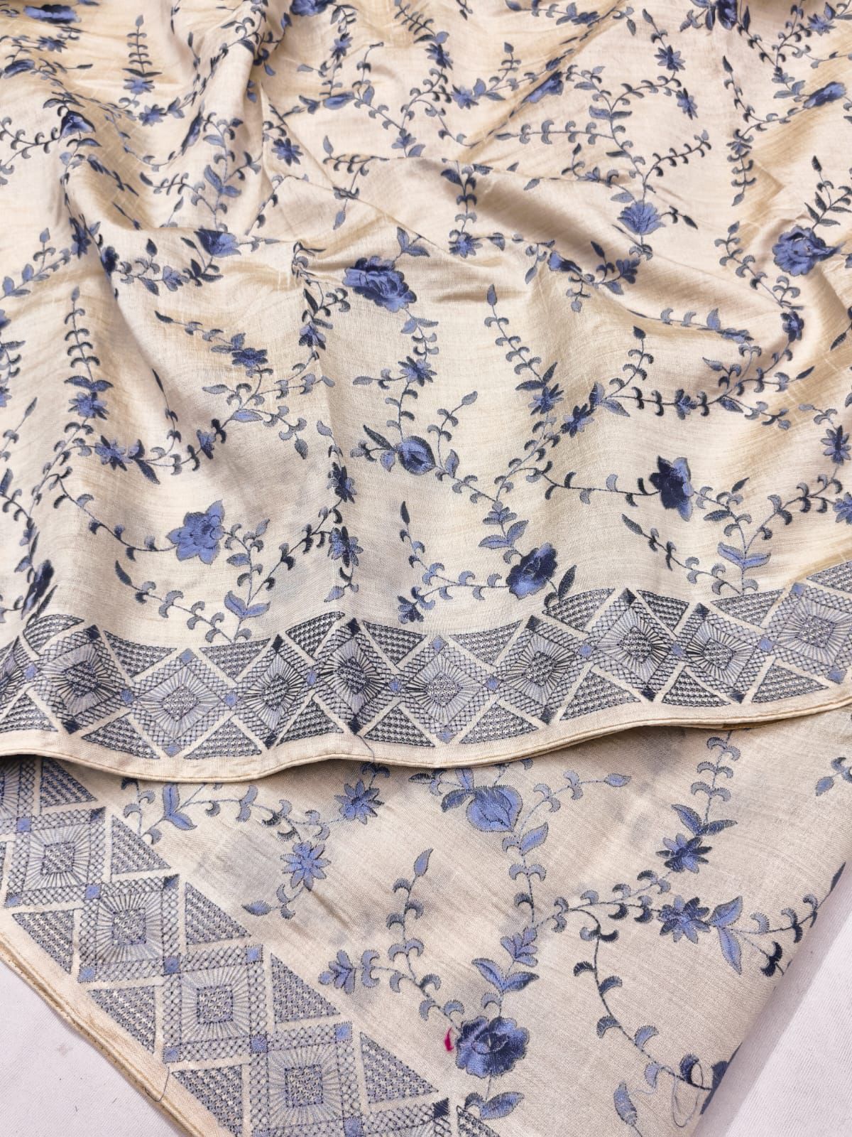 Quintessential Beige Embroidery Work Tussar Silk Saree With Impressive Blouse Piece