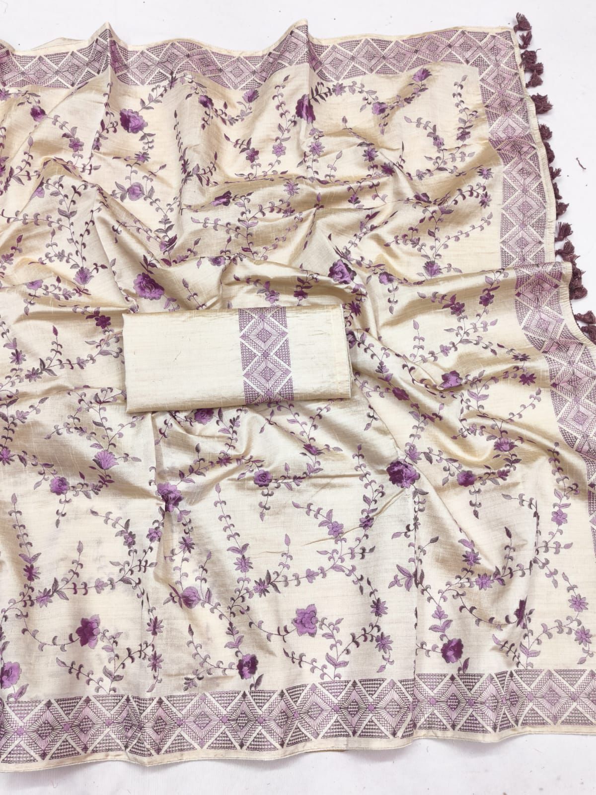 Profuse Beige Embroidery Work Tussar Silk Saree With Conflate Blouse Piece